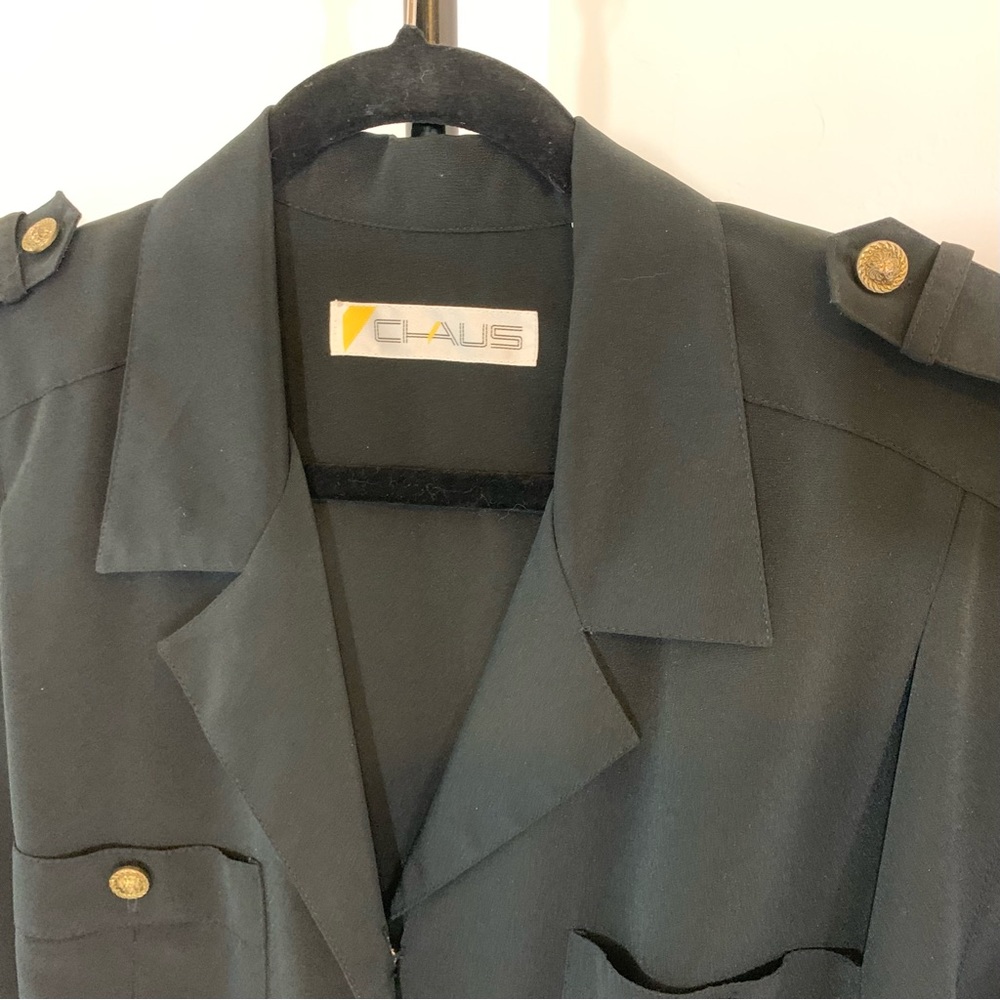 Chaus Button Front Lapel Utility Jumpsuit w Long Sleeves and Shoulder Epaulettes